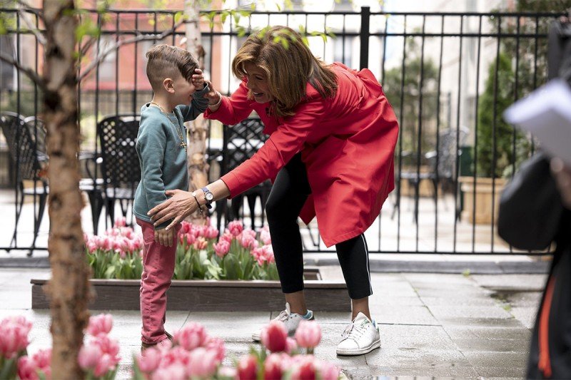 NBC's Hoda Kotb helps MSK Kids patient Rocco cover his eyes for a special surprise.